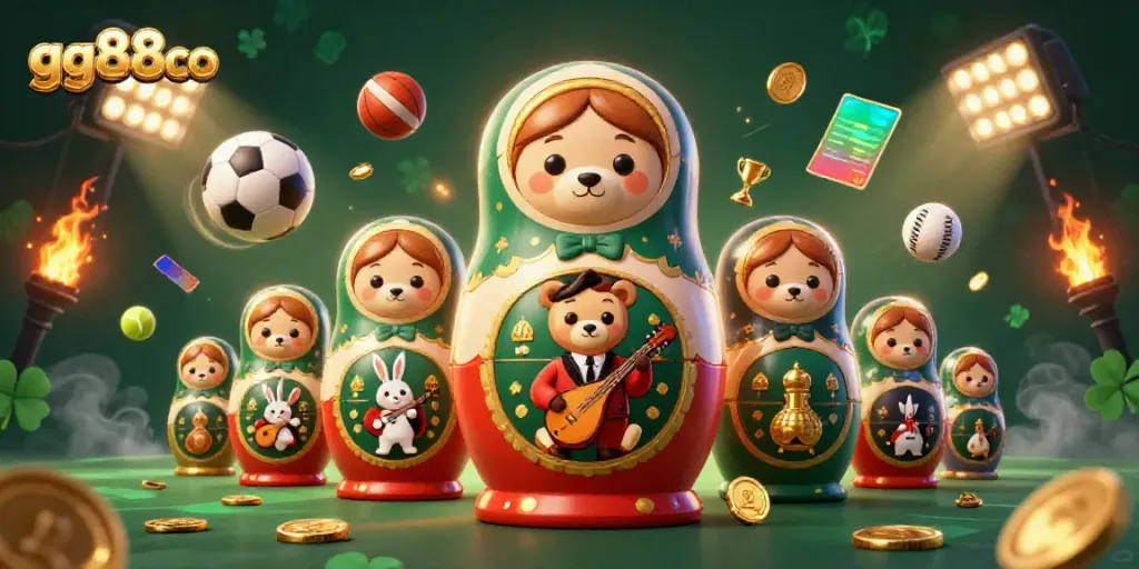 Experience the excitement of gg88co with a vibrant casino scene featuring animated bears and sports elements.