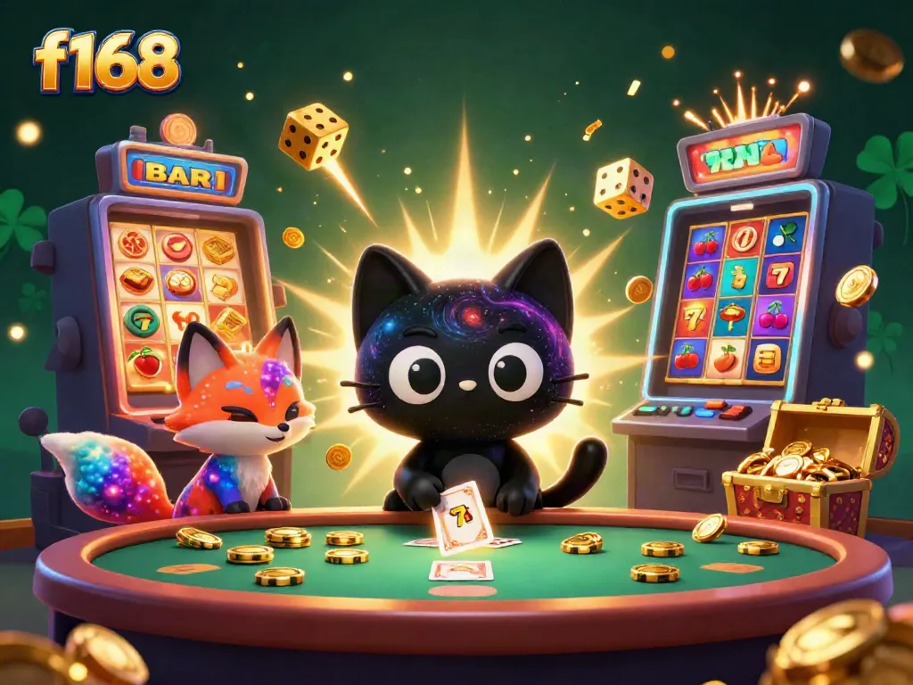 Cleverly designed f168 casino scene featuring a cosmic black hole cat and a colorful nebula fox with dynamic gaming elements around them.