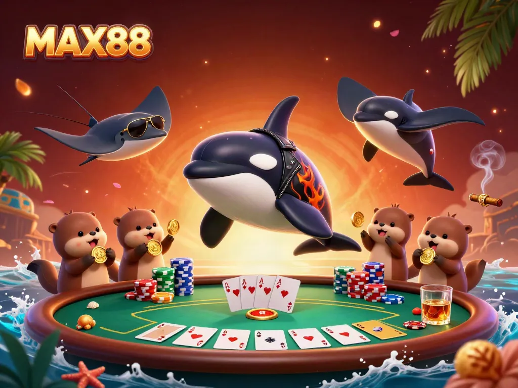 MAX88 entertains with a lively scene featuring an orca, stingray, and otters, celebrating casino wins.