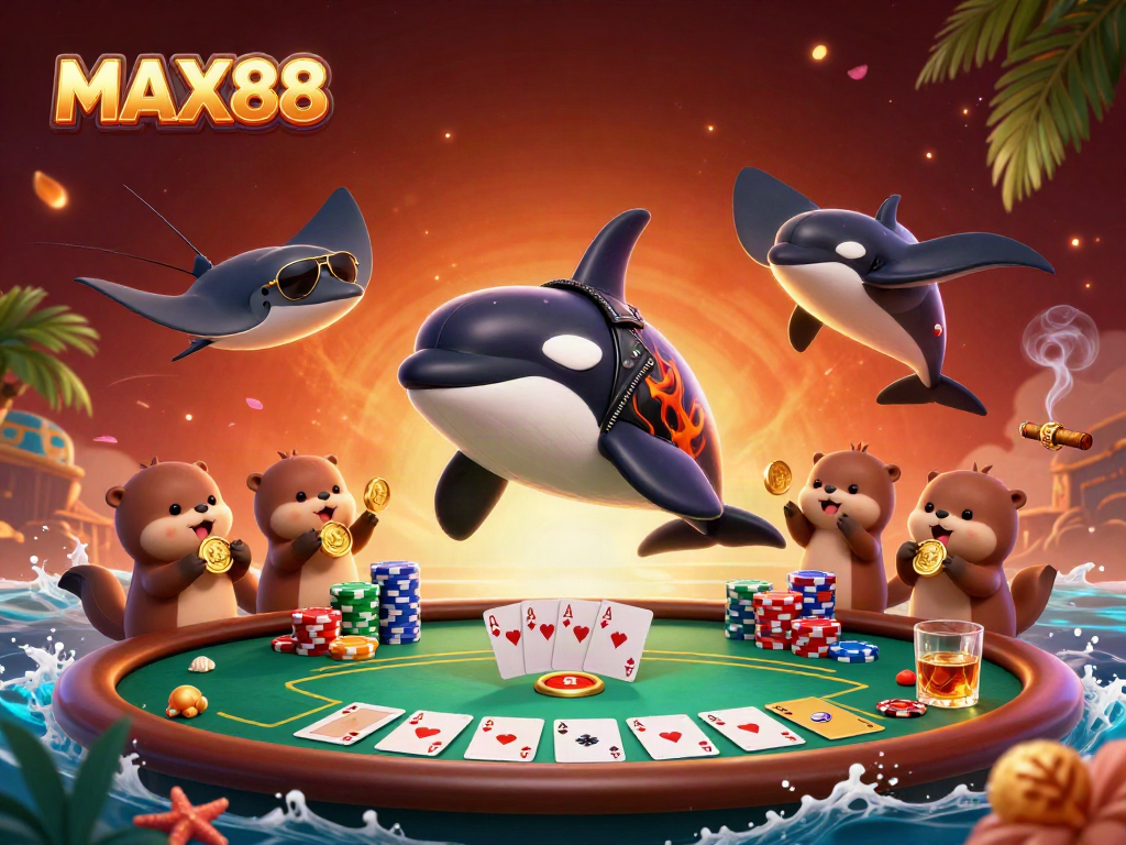 MAX88 entertains with a lively scene featuring an orca, stingray, and otters, celebrating casino wins.