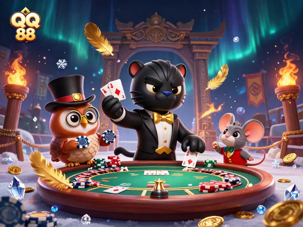 Experience thrilling gameplay with QQ 88 featuring a black panther dealer, custom poker chips, and energetic casino elements.