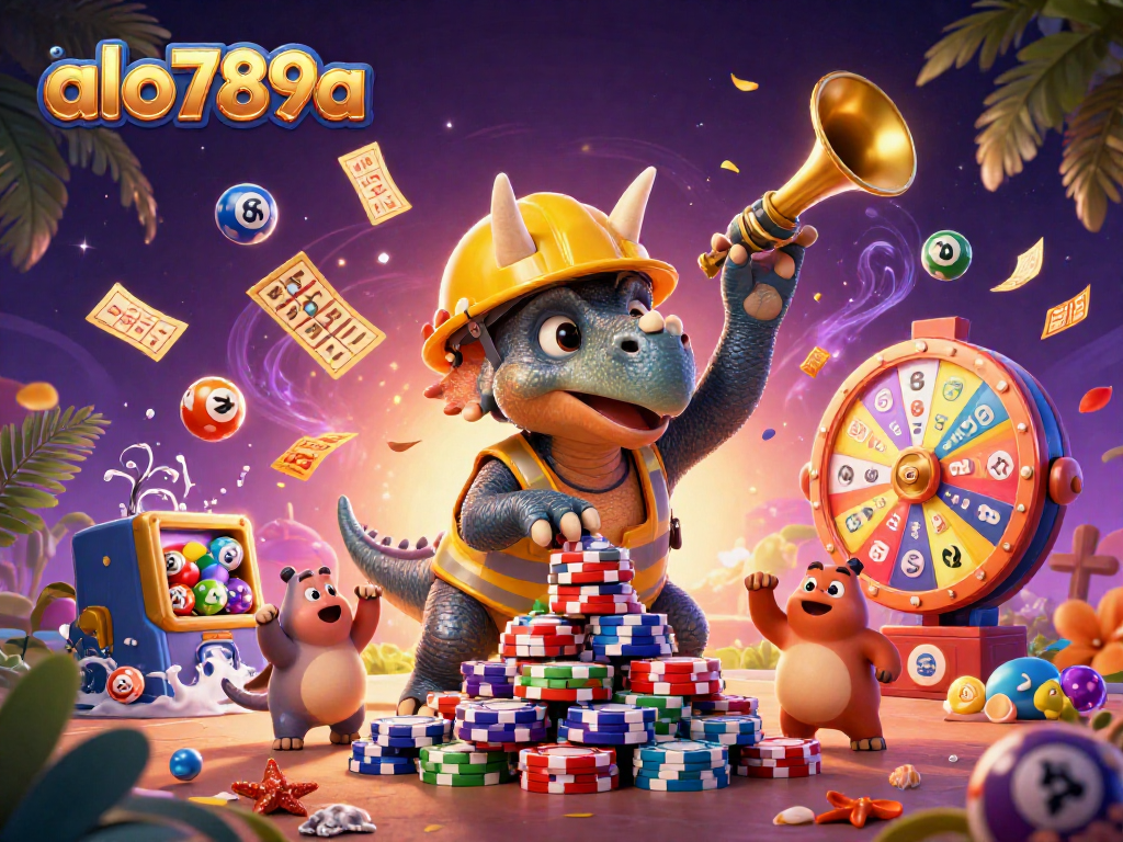 Experience the excitement with alo789a's vibrant gaming scene featuring a triceratops and winning symbols.