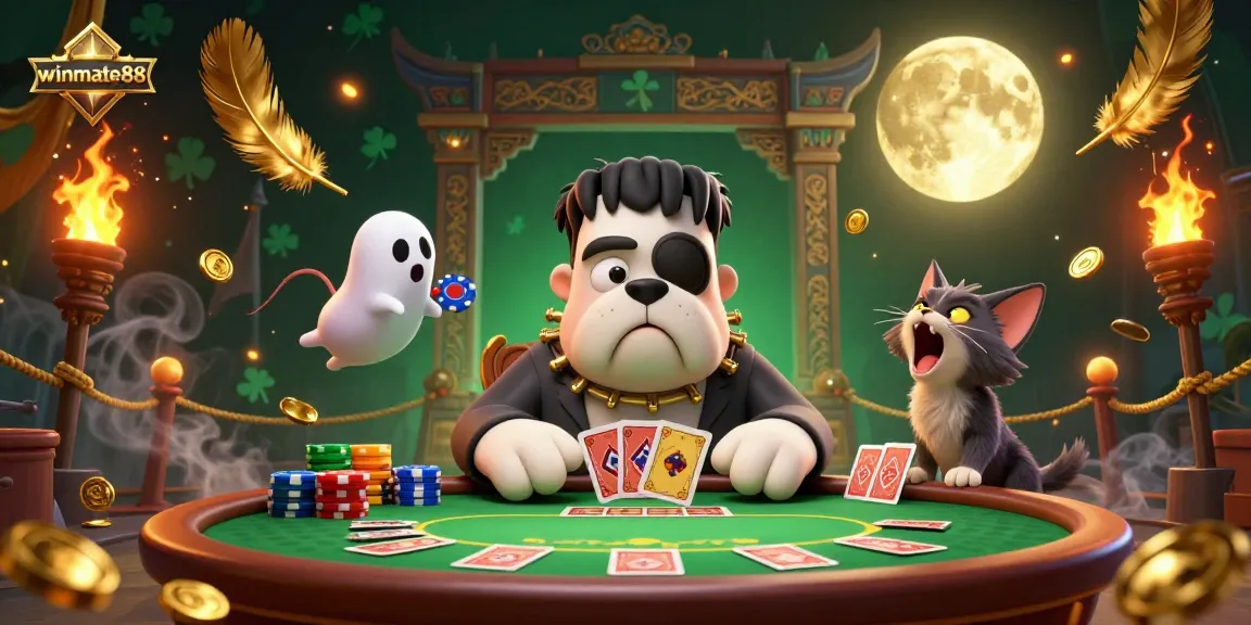 Join the thrilling action at winmate88 with a 3D cartoon illustration of a Frankenstein bulldog dealer and magical gaming elements.