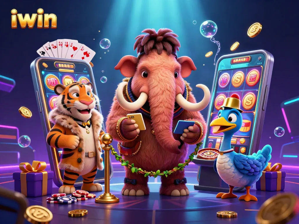 iwin casino scene featuring a woolly mammoth bouncer, saber-tooth VIP, and playful game elements.