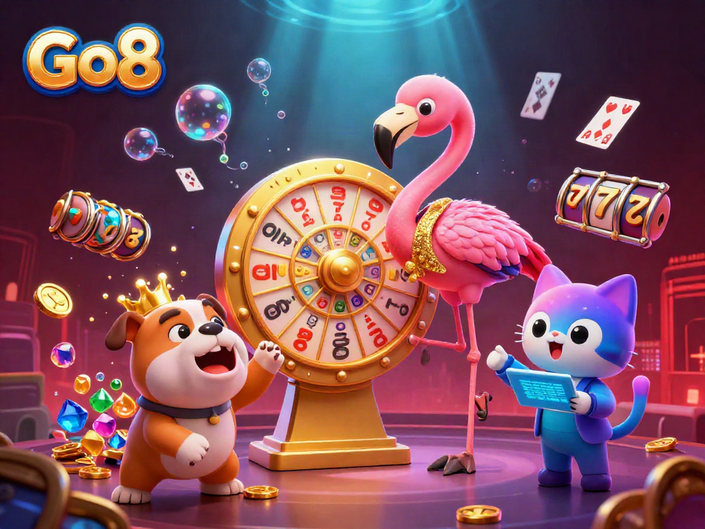 Engage with Go8's thrilling casino atmosphere featuring animated characters and vibrant game elements.