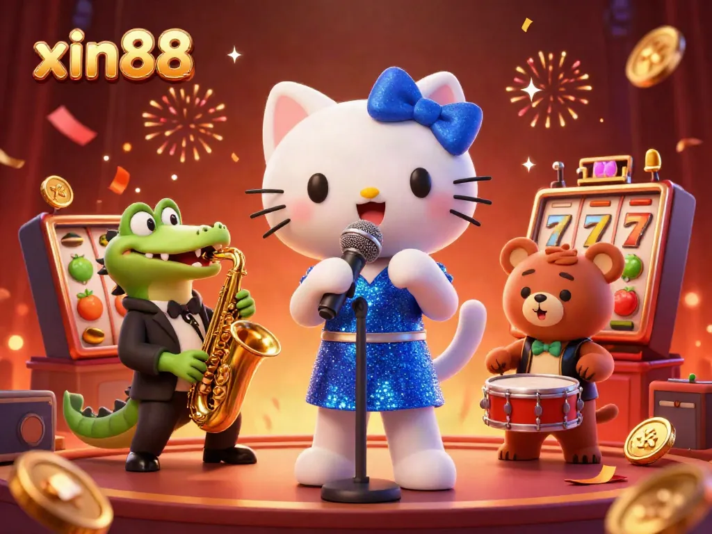 Excite with xin88's vibrant slot experience featuring a jazzy cat and musicians bringing games alive.