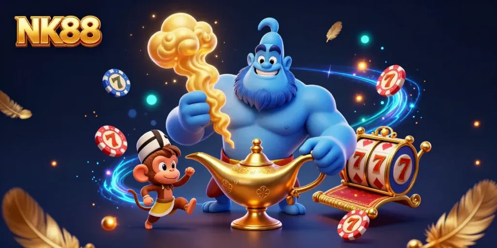 Navigating thrilling slots at NK88, featuring a dynamic scene with a genie, monkey, and magic carpet.
