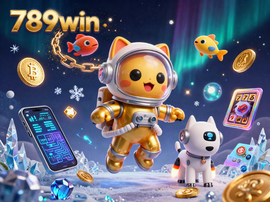 Experience the thrills of 789win with vibrant slot reels and cryptocurrency elements in a cosmic setting.