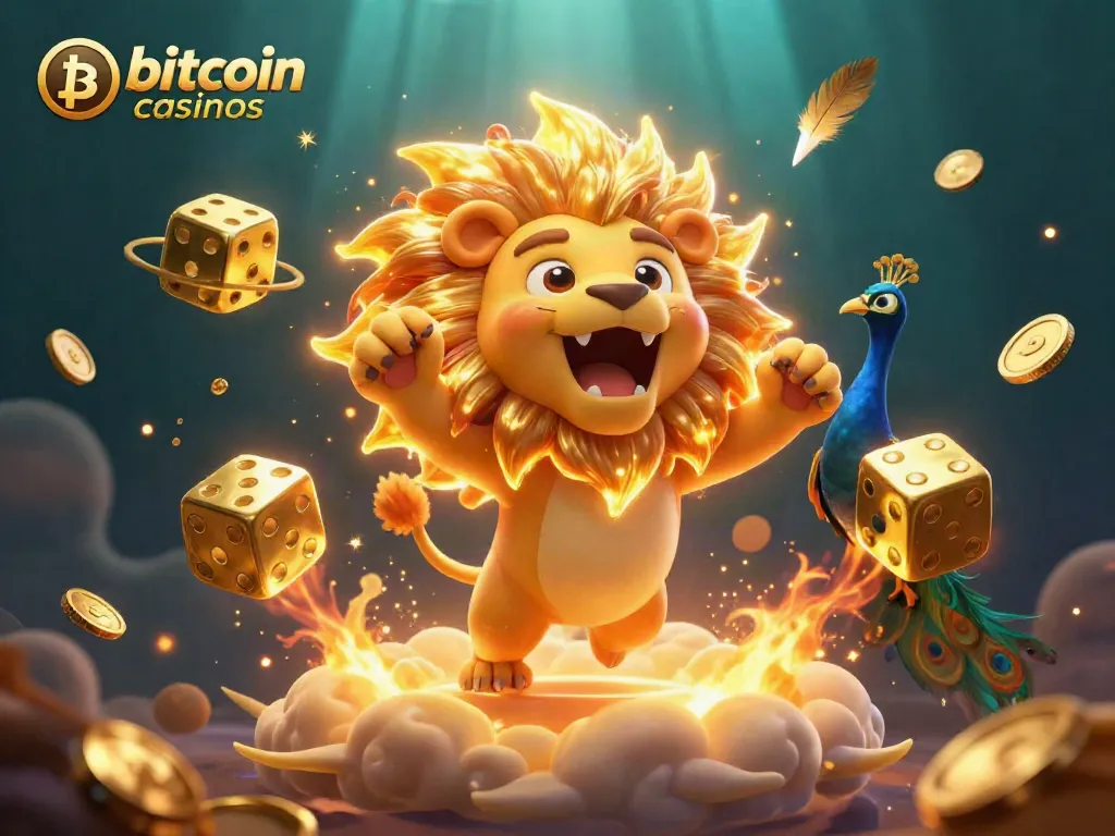 Experience thrilling bitcoin casinos with vibrant characters, golden dice, and dynamic visual elements.