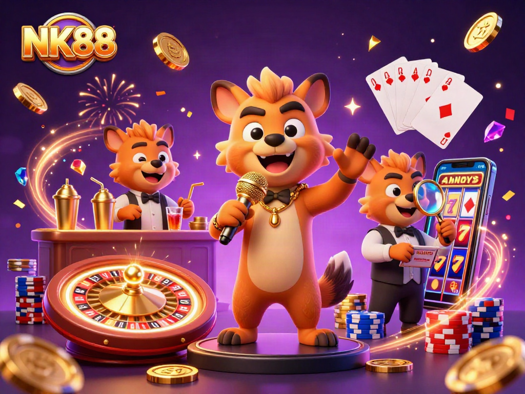 Join the excitement at NK88's comedy casino with playful hyenas, golden coins, and vibrant games.