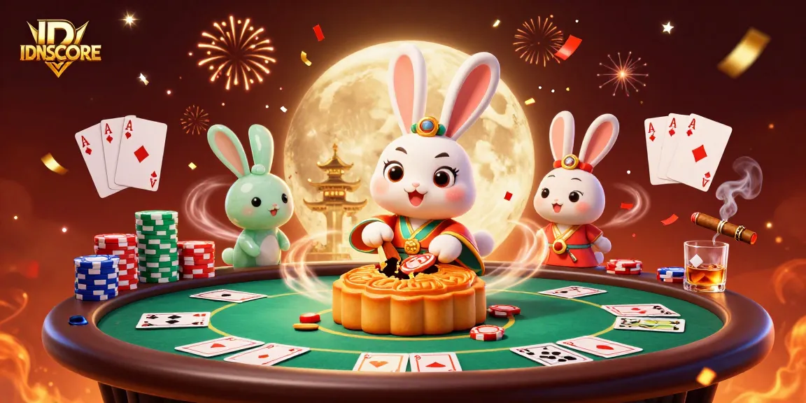 Experience jubilant gaming with IDNSCORE as moon rabbits celebrate fortune amidst vibrant casino elements.