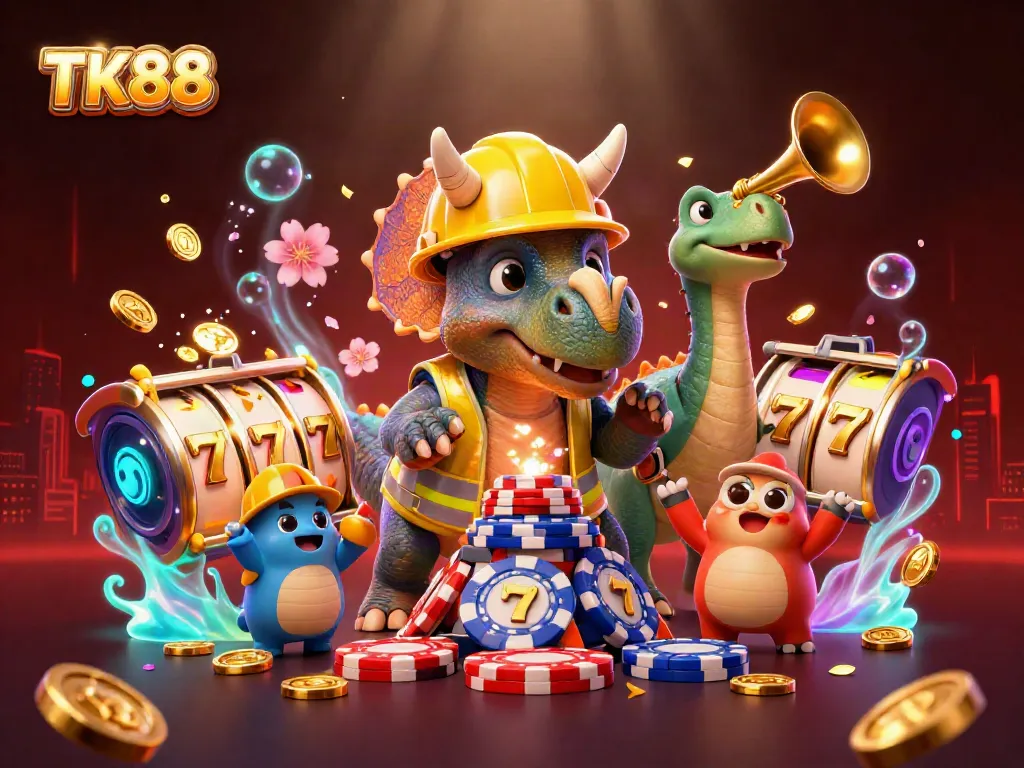 Experience exciting gaming at TK88 with a triceratops building poker chips in a vibrant casino!