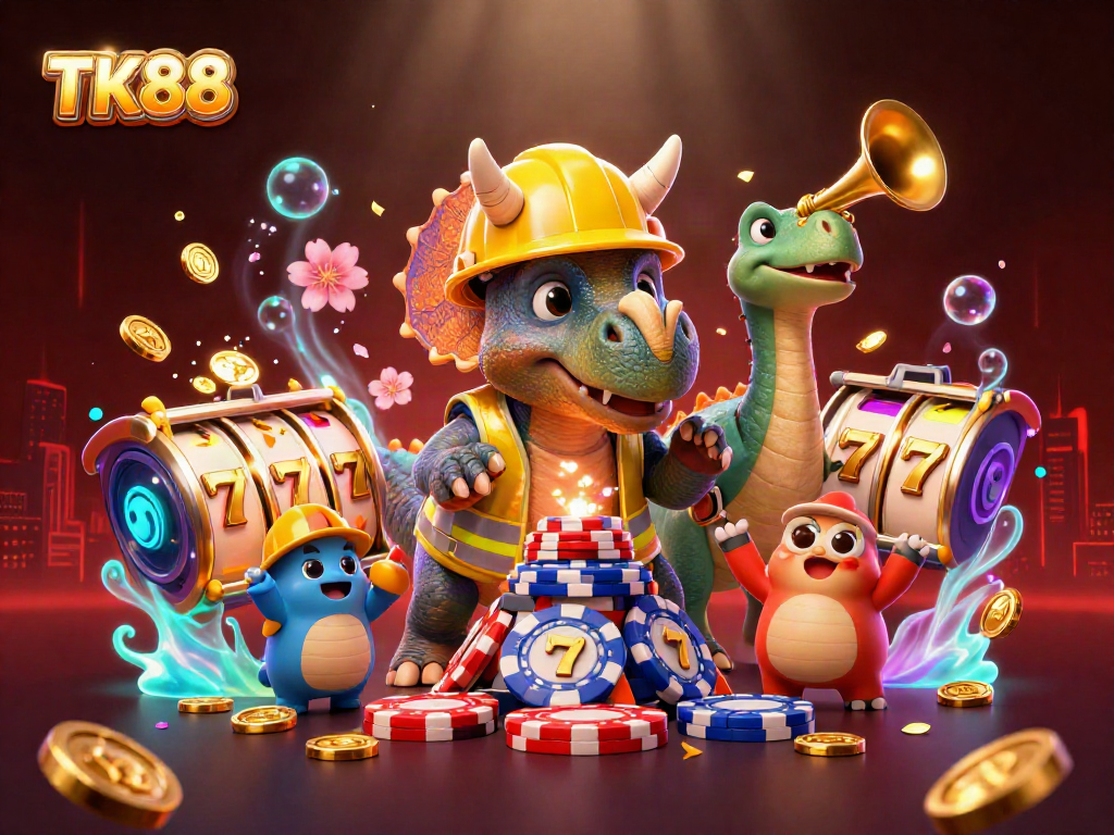 Experience exciting gaming at TK88 with a triceratops building poker chips in a vibrant casino!