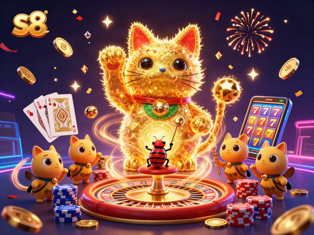 Experience the excitement of S8 with a vibrant casino-themed illustration featuring a lucky cat and conductor beetle.