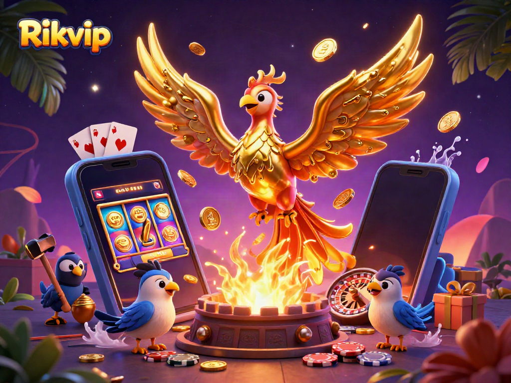 Experience the magic of Rikvip in this vibrant casino scene, with a golden phoenix and exciting gaming elements.
