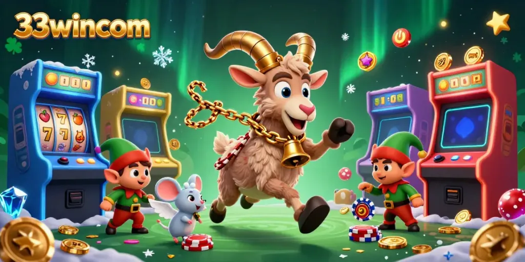 Experience the thrill of 33wincom with vibrant characters in a festive casino scene filled with games.