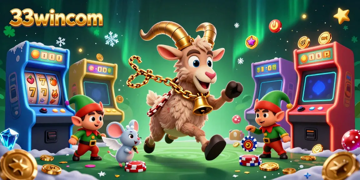 Experience the thrill of 33wincom with vibrant characters in a festive casino scene filled with games.