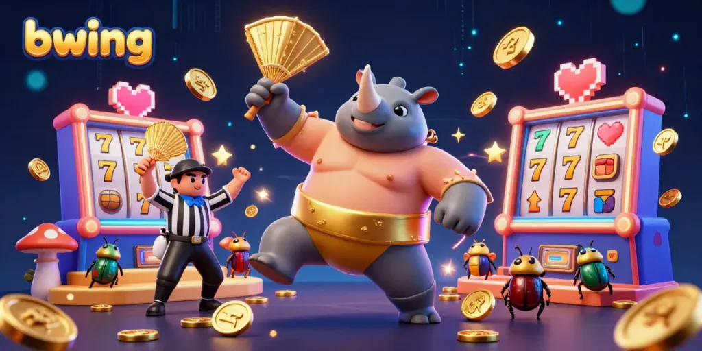 Experience thrilling slots action with bwing's vibrant 3D beetle champion amidst flying coins and slot machines.