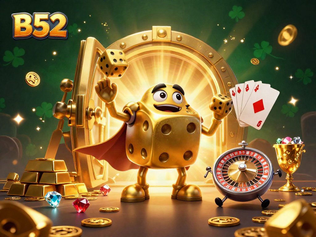 B52 dice golem juggles golden dice in a vibrant casino scene filled with treasures.