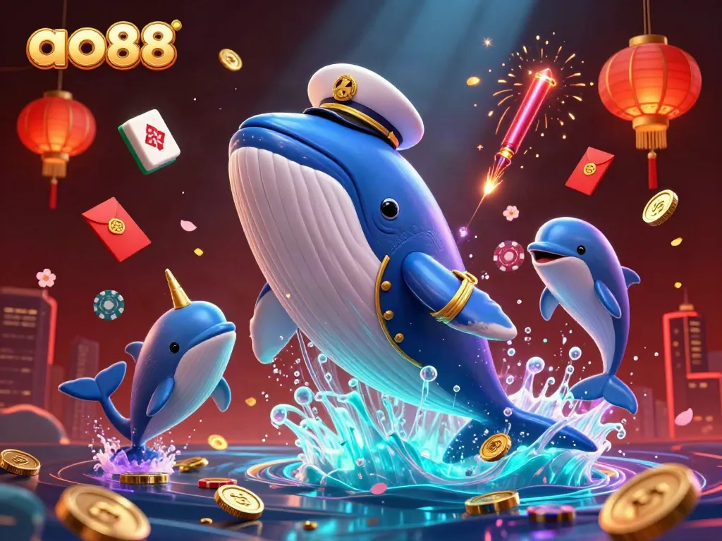 Engage with the vibrant ao88 casino world featuring a colossal whale and exciting game elements.