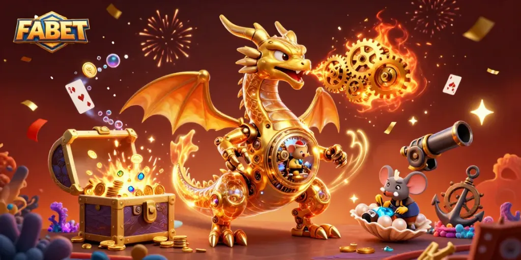 Engage with FABET's immersive casino gaming experience featuring a golden dragon and treasure.