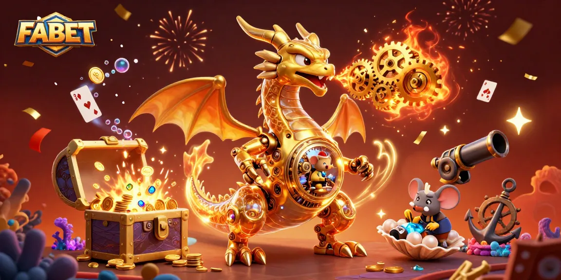 Engage with FABET's immersive casino gaming experience featuring a golden dragon and treasure.