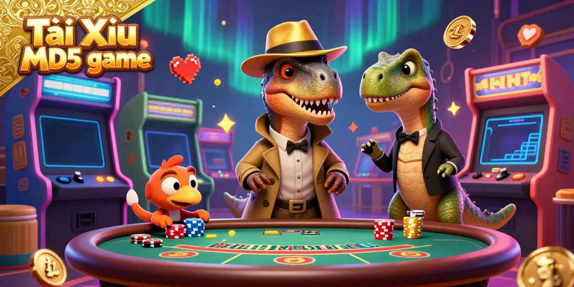 Tài Xỉu MD5 game scene with a velociraptor card counter and stegosaurus pit boss at a table filled with vibrant casino elements.