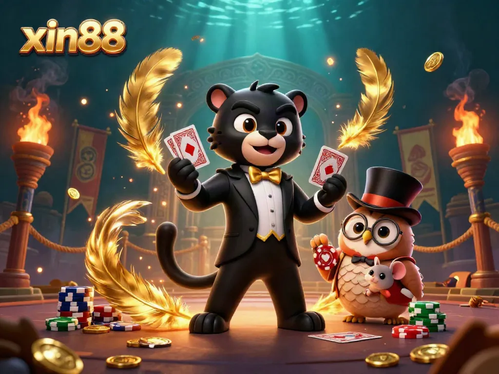 Experience the excitement of xin88 with a stylish panther dealing cards and friends surrounded by vibrant casino elements.