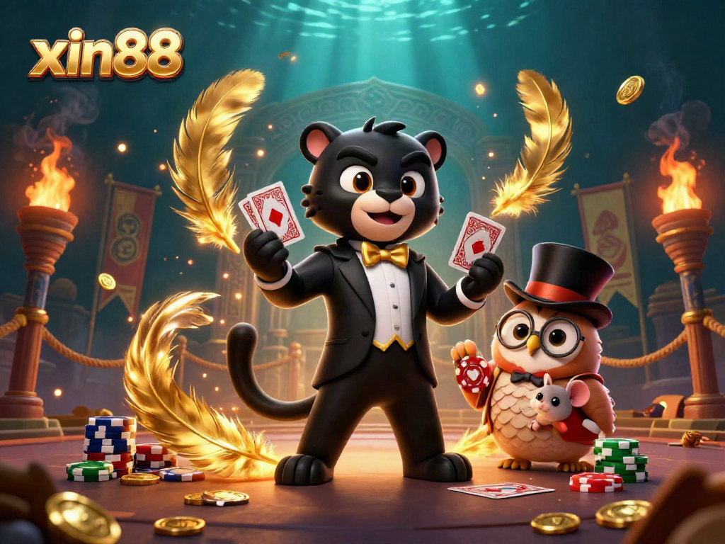 Experience the excitement of xin88 with a stylish panther dealing cards and friends surrounded by vibrant casino elements.