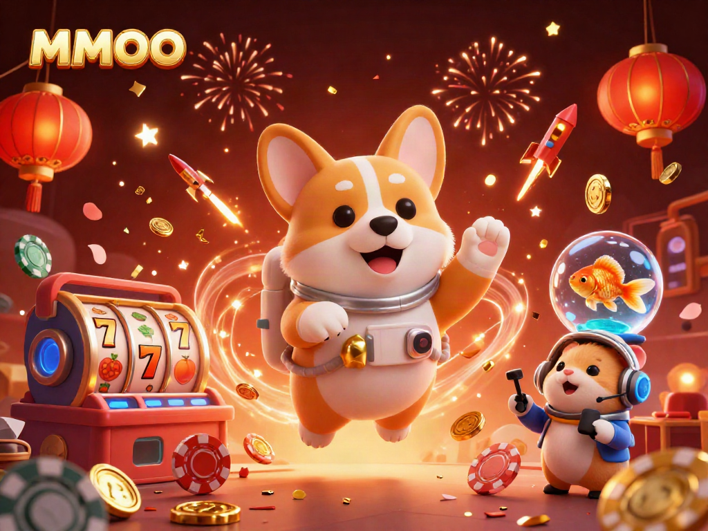 MMOO brings excitement with a 3D corgi in a space casino, spinning slot reels and festive elements.