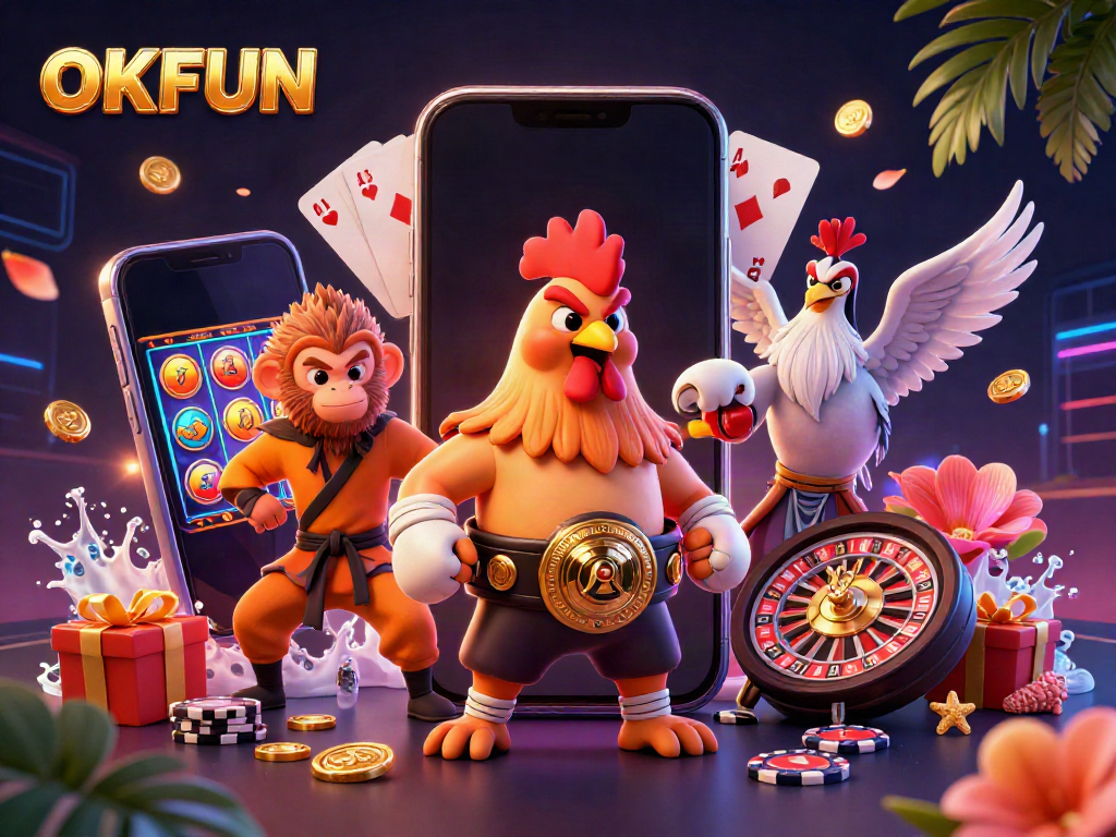 Engage in thrilling casino fun with OKFUN featuring vibrant characters and dynamic gaming elements