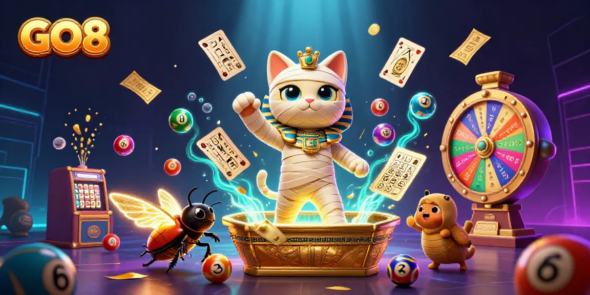 Experience GO8's vibrant casino scene with a mummy cat and glowing scarab amidst colorful lottery elements.