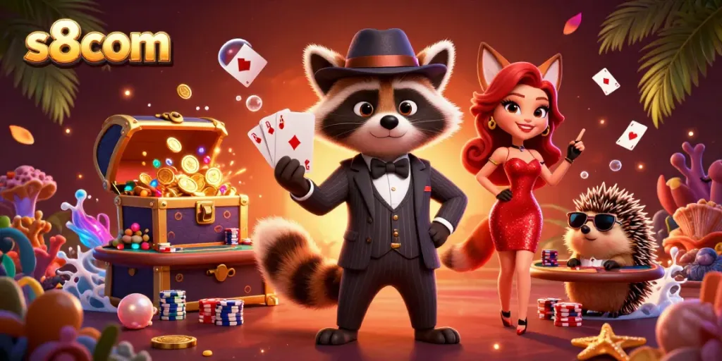 Play poker in style with suave raccoon, stylish fox, and bouncer hedgehog showcasing s8com casino atmosphere.