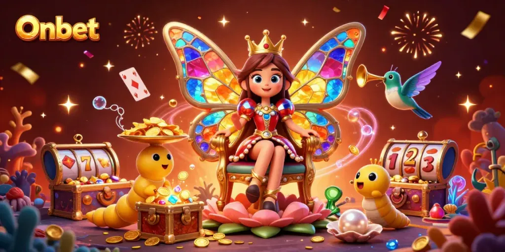 Experience the excitement of Onbet's casino scene with a vibrant butterfly queen, gold coins, and magical elements.