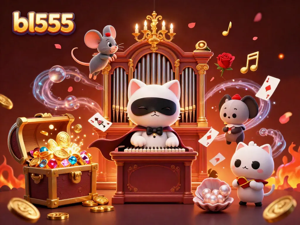 Experience thrilling games at bl555 with creative characters and casino elements in a vibrant illustration.
