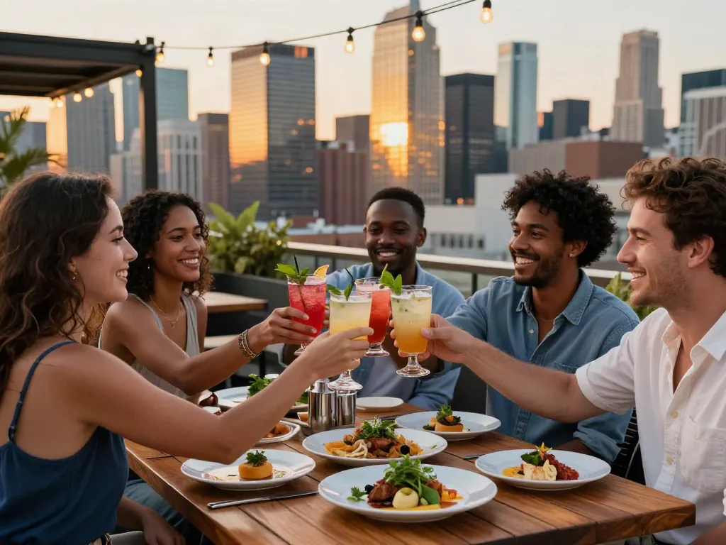 Enjoying cocktails with friends at NoHu rooftop bar, stunning Manhattan skyline in the background.