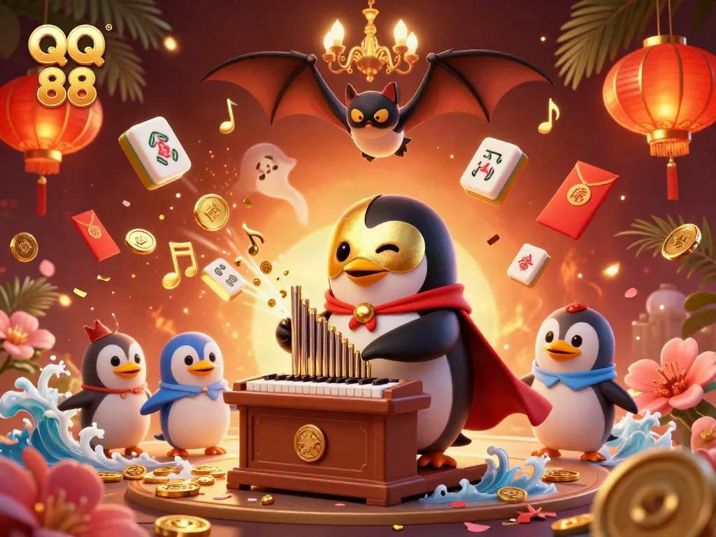 Engage with QQ 88 in a vibrant 3D casino scene featuring a phantom penguin and festive elements.