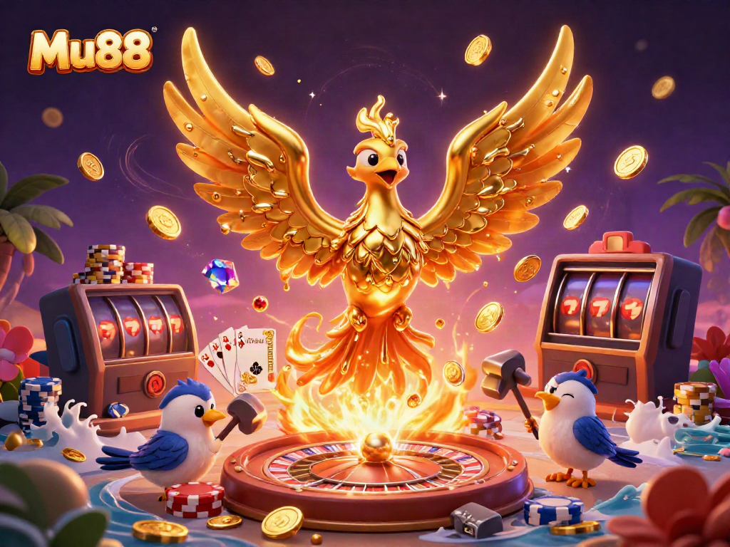 Experience the thrill of Mu88 with a golden phoenix and casino elements in this vibrant illustration.
