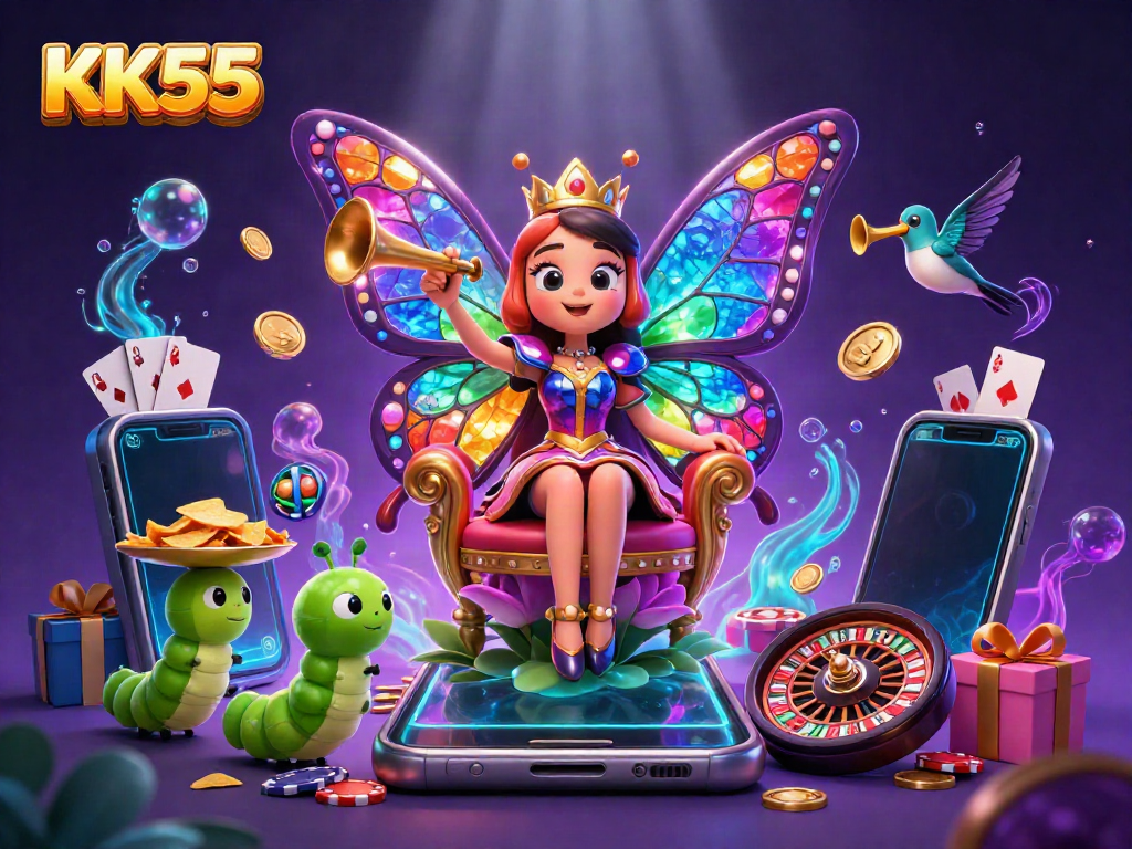 Experience thrilling games at KK55, a vibrant cartoon scene featuring a butterfly queen and gaming elements.