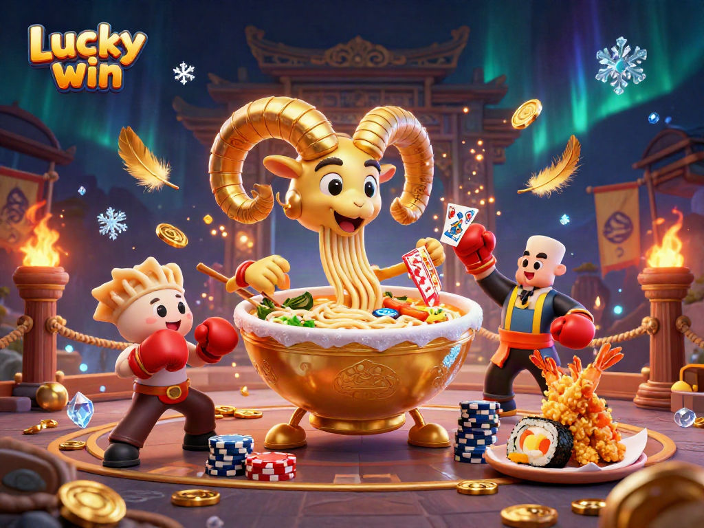Engage in thrilling gaming with Lucky win's vibrant 3D illustration of whimsical characters and casino elements.
