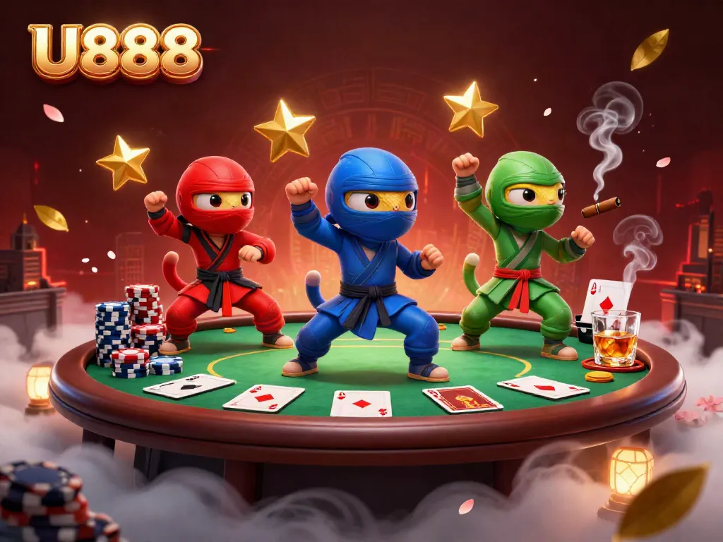 Engage in thrilling U888 casino action with vibrant ninja chameleons and dynamic poker scene.