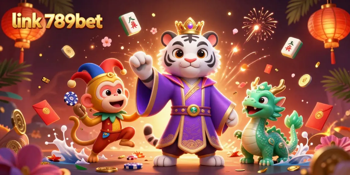 Join the excitement of link 789bet with a vibrant 3D casino scene featuring a majestic tiger and playful monkey.