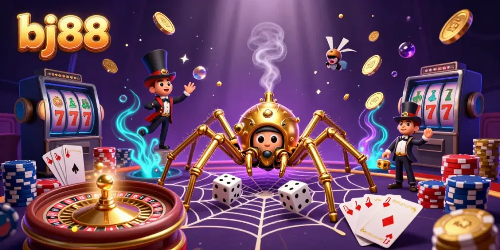 Experience thrilling gameplay at bj88 with golden spider, dice, and vibrant casino elements.