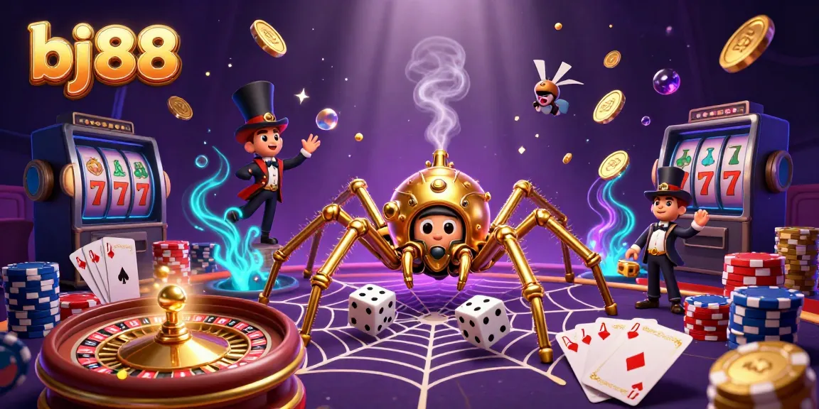 Experience thrilling gameplay at bj88 with golden spider, dice, and vibrant casino elements.