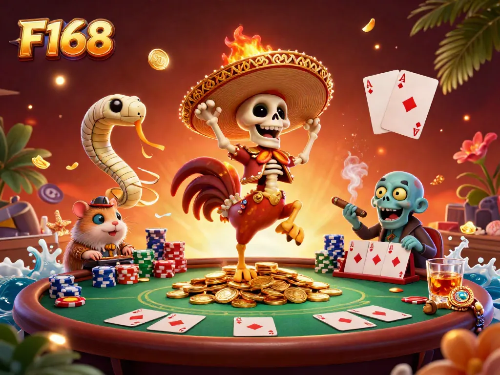 Experience exciting gameplay at F168 with a festive scene of unique characters celebrating amidst a vibrant casino environment.