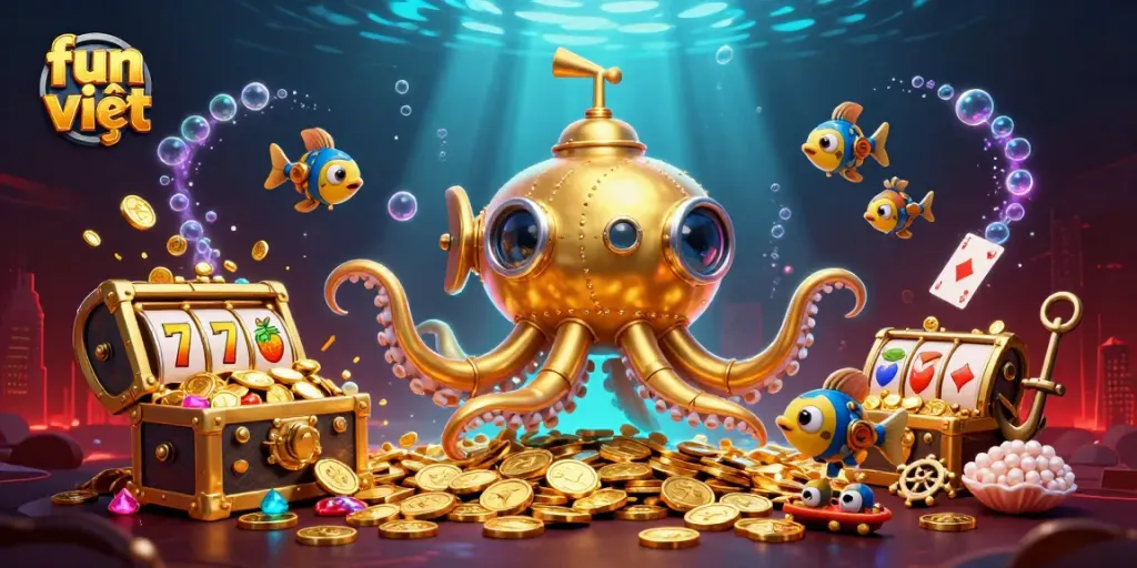 Engage in fun việt casino adventures featuring the kraken submarine amidst golden coins and slot reels.
