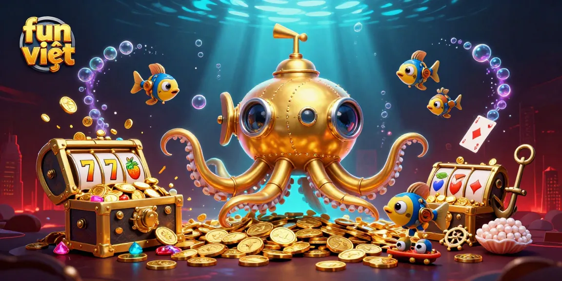 Engage in fun việt casino adventures featuring the kraken submarine amidst golden coins and slot reels.