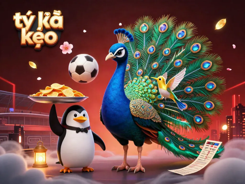 Explore tỷ lệ kèo in a vibrant scene of high-stakes sports betting with an aristocratic peacock and dynamic characters.
