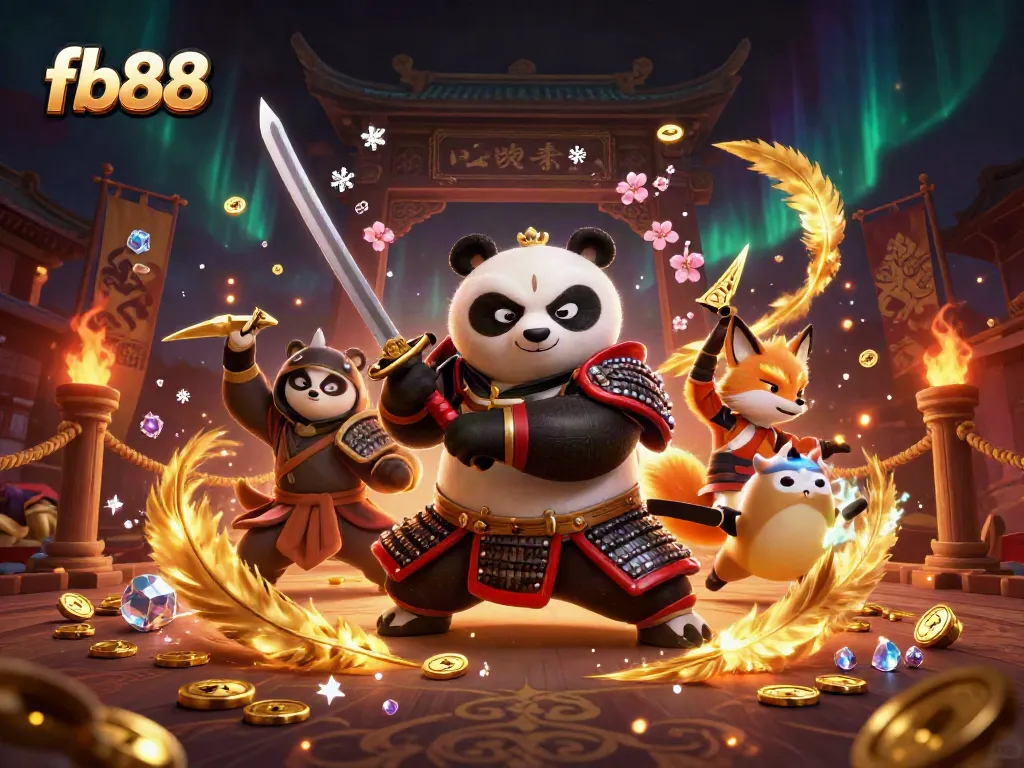 Engage in thrilling battles with fb88, featuring dynamic samurai panda and ninja fox amid magical casino elements.