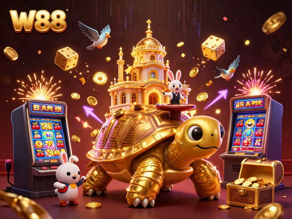 Win jackpots at W88 with a 3D casino illustration featuring a golden tortoise casino.